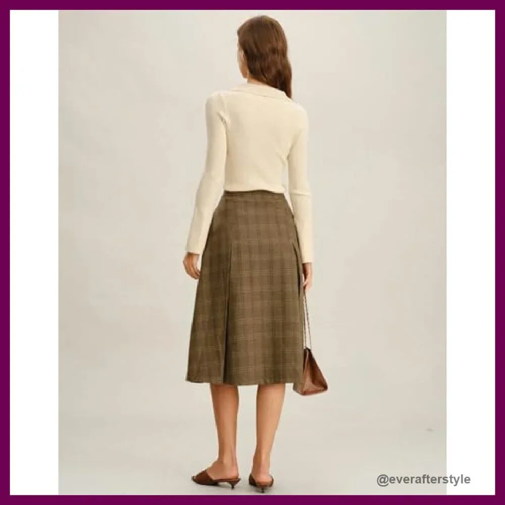 Vintage Plaid A-Line Midi Skirt High Waist Elegant Retro Wool-Blend Pockets - Picture 6 of 6
